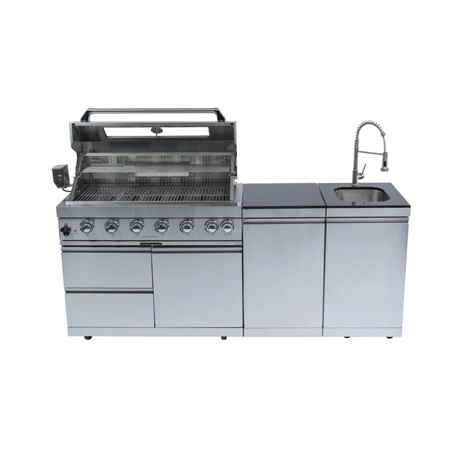 Castelle Flame Tuscany Outdoor BBQ Liquid Propane Kitchen Grill Island With 43-Inch 6-Burner 85K BTU Propane Gas Grill, Rotisserie Kit, And Storage Cabinets (SAK95623) - Outdoor Kitchen Islands | Patioza