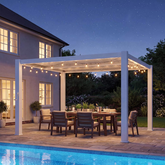 Alora Premium White Outdoor Metal Louvered Pergola With Drainage System (SAK87265) - Pergolas | Patioza