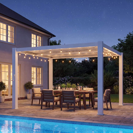 Alora Premium White Outdoor Metal Louvered Pergola With Drainage System (SAK87265) - Pergolas | Patioza