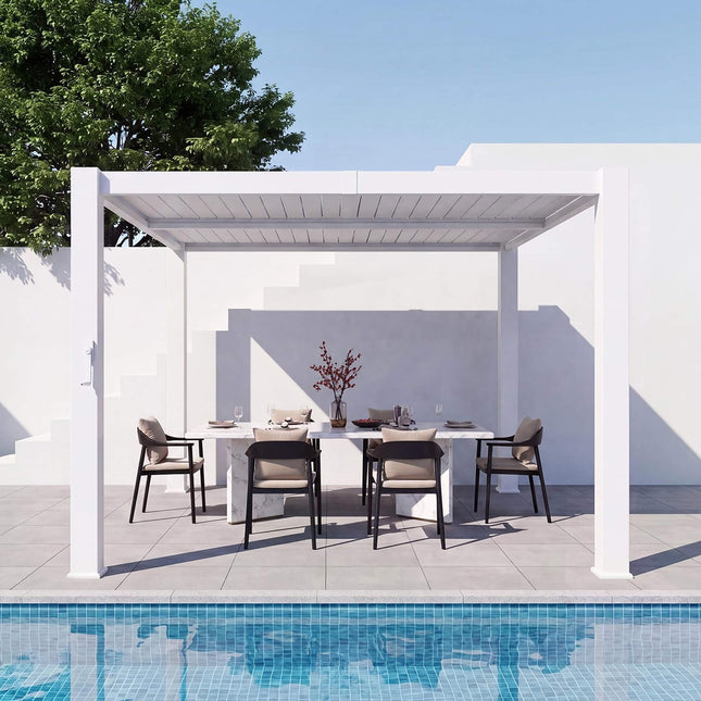 Alora Premium White Outdoor Metal Louvered Pergola With Drainage System (SAK87265) - Pergolas | Patioza