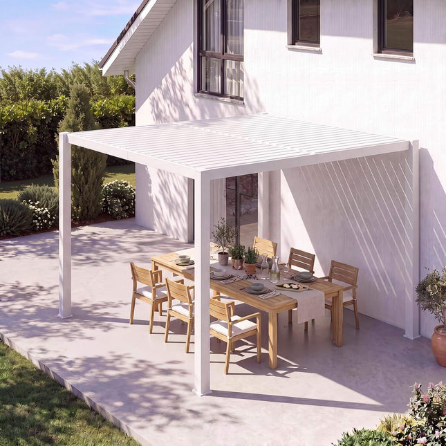 Alora Premium White Outdoor Metal Louvered Pergola With Drainage System (SAK87265) - Pergolas | Patioza