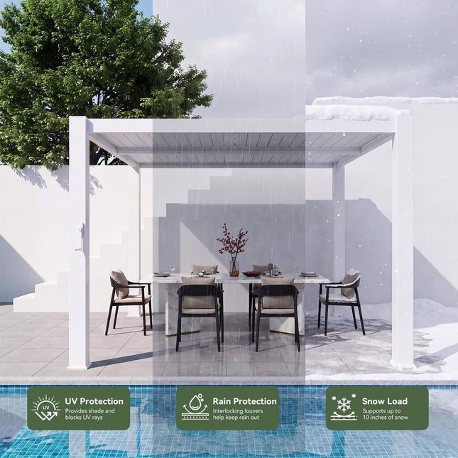 Alora Premium White Outdoor Metal Louvered Pergola With Drainage System (SAK87265) - Pergolas | Patioza