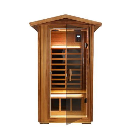 Thermora Xyra Premium 1-Person Outdoor Red Cedar Infrared Sauna with Low EMF, Chromotherapy, and Bluetooth - Infrared Saunas | Patioza