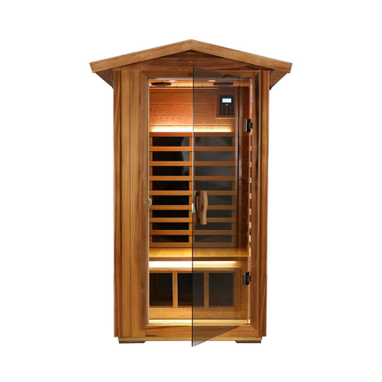 Thermora Xyra Premium 1-Person Outdoor Red Cedar Infrared Sauna with Low EMF, Chromotherapy, and Bluetooth - Infrared Saunas | Patioza