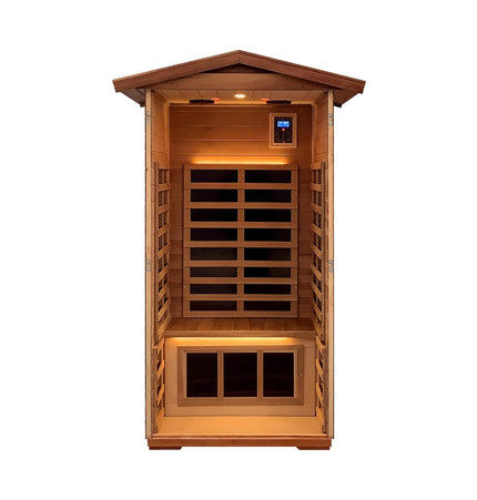 Thermora Xyra Premium 1-Person Outdoor Red Cedar Infrared Sauna with Low EMF, Chromotherapy, and Bluetooth - Infrared Saunas | Patioza