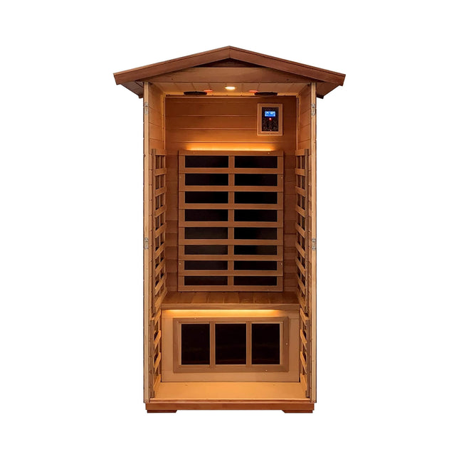 Thermora Xyra Premium 1-Person Outdoor Red Cedar Infrared Sauna with Low EMF, Chromotherapy, and Bluetooth - Infrared Saunas | Patioza