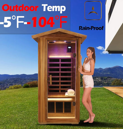Thermora Xyra Premium 1-Person Outdoor Red Cedar Infrared Sauna with Low EMF, Chromotherapy, and Bluetooth - Infrared Saunas | Patioza