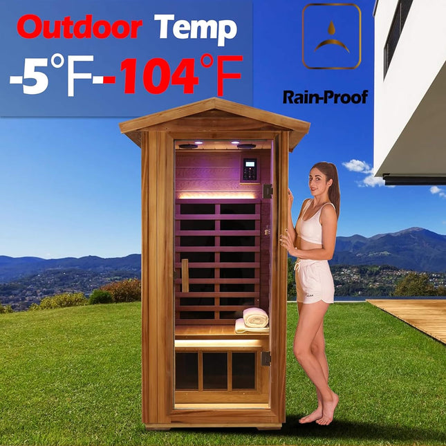 Thermora Xyra Premium 1-Person Outdoor Red Cedar Infrared Sauna with Low EMF, Chromotherapy, and Bluetooth - Infrared Saunas | Patioza