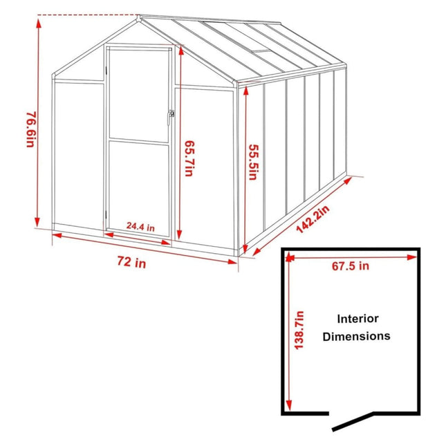 6x12 Ft. Premium Polycarbonate Walk-In Greenhouse Kit with Adjustable Vent and Lockable Door