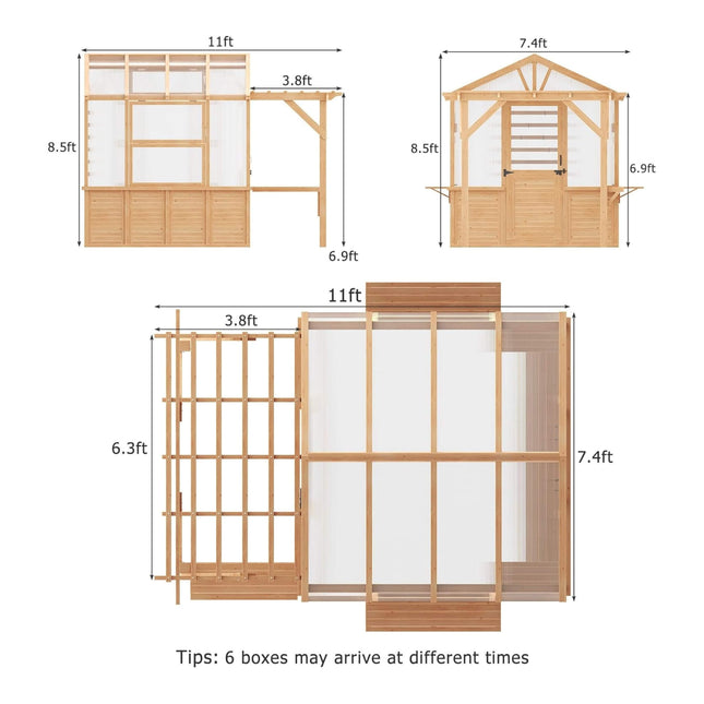 Premium Walk-In Spruce Wood Greenhouse With Pergola And Shelves (SAK75890) - Greenhouses | Patioza