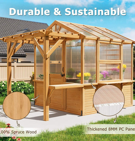Premium Walk-In Spruce Wood Greenhouse With Pergola And Shelves (SAK75890) - Greenhouses | Patioza
