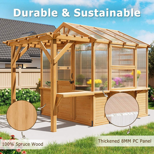 Premium Walk-In Spruce Wood Greenhouse With Pergola And Shelves (SAK75890) - Greenhouses | Patioza