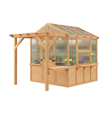 Premium Walk-In Spruce Wood Greenhouse With Pergola And Shelves (SAK75890) - Greenhouses | Patioza