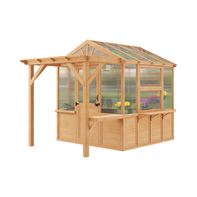Premium Walk-In Spruce Wood Greenhouse With Pergola And Shelves (SAK75890) - Greenhouses | Patioza