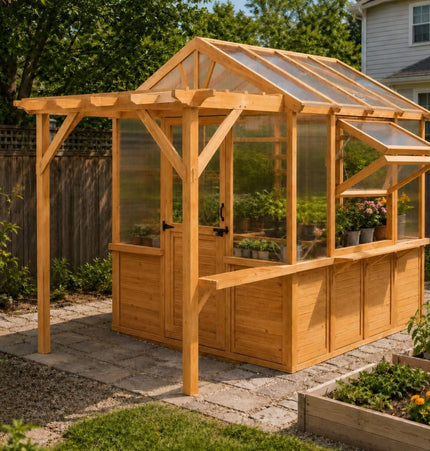 Premium Walk-In Spruce Wood Greenhouse With Pergola And Shelves (SAK75890) - Greenhouses | Patioza