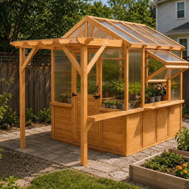 Premium Walk-In Spruce Wood Greenhouse With Pergola And Shelves (SAK75890) - Greenhouses | Patioza