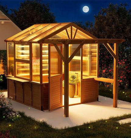 Premium Walk-In Spruce Wood Greenhouse With Pergola And Shelves (SAK75890) - Greenhouses | Patioza