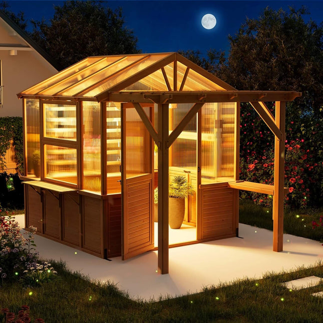 Premium Walk-In Spruce Wood Greenhouse With Pergola And Shelves (SAK75890) - Greenhouses | Patioza