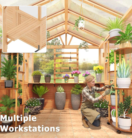 Premium Walk-In Spruce Wood Greenhouse With Pergola And Shelves (SAK75890) - Greenhouses | Patioza