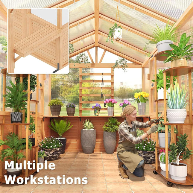 Premium Walk-In Spruce Wood Greenhouse With Pergola And Shelves (SAK75890) - Greenhouses | Patioza