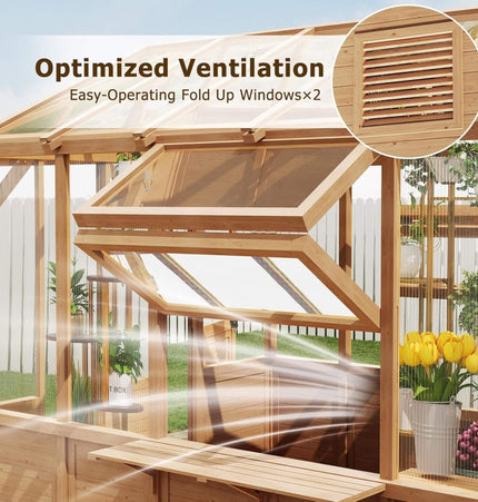 Premium Walk-In Spruce Wood Greenhouse With Pergola And Shelves (SAK75890) - Greenhouses | Patioza