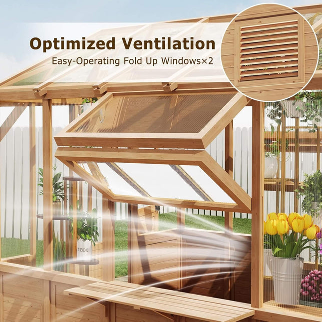 Premium Walk-In Spruce Wood Greenhouse With Pergola And Shelves (SAK75890) - Greenhouses | Patioza