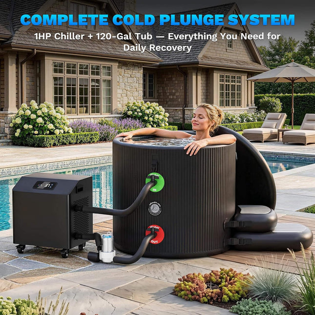 FCP Premium XL 120 Gal Cold Plunge Tub Kit With 1HP Chiller, Filter, And Pump (SAK92632) - Chillers | Patioza