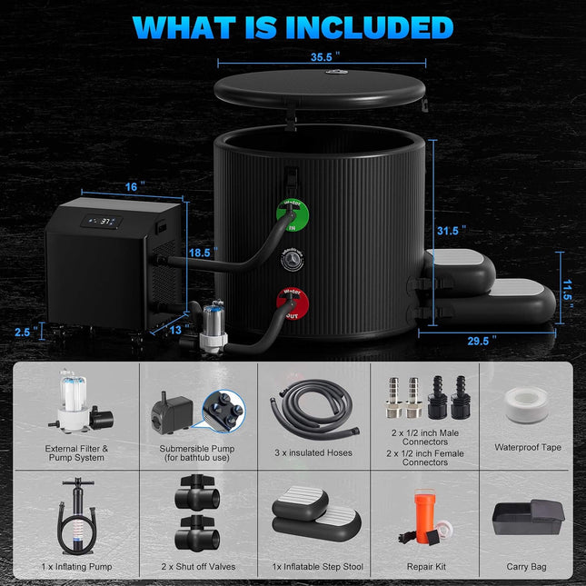 FCP Premium XL 120 Gal Cold Plunge Tub Kit With 1HP Chiller, Filter, And Pump (SAK92632) - Chillers | Patioza
