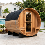 Replacement sauna lifestyle image preserving the complete barrel shape and both benches
