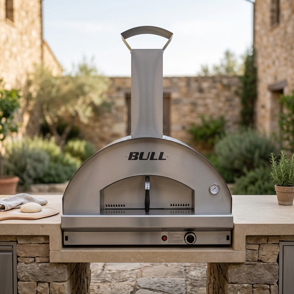 Revised Bull pizza oven lifestyle image in a cohesive outdoor kitchen