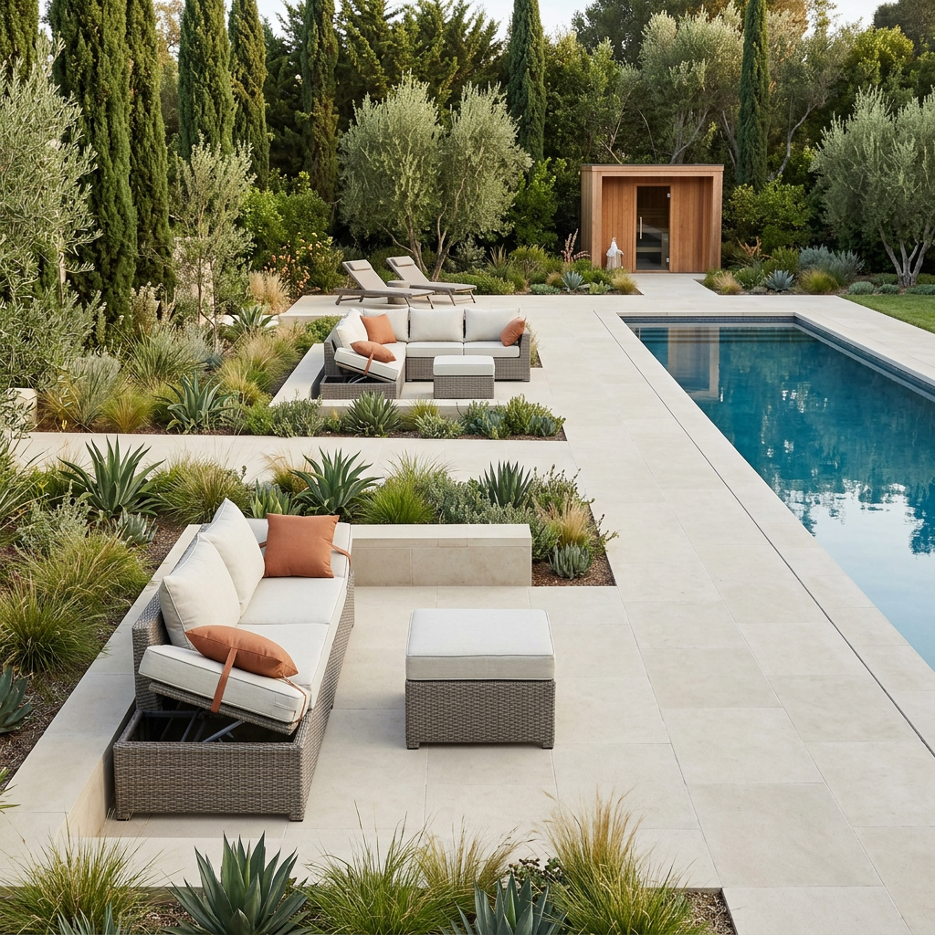 Revised poolside backyard with dedicated lounge areas and clear walking routes