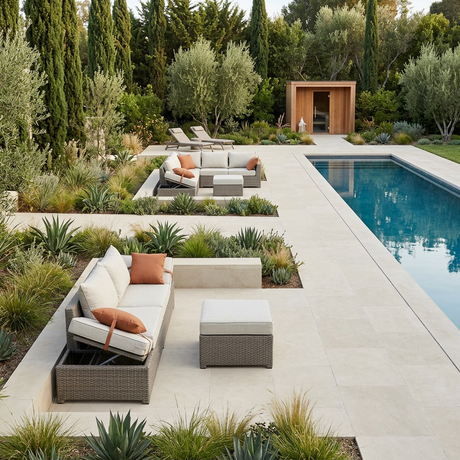 Revised poolside backyard with dedicated lounge areas and clear walking routes