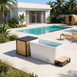 RevX cold plunge with closed equipment cabinet in a Miami-style poolside backyard