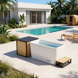 RevX cold plunge with closed equipment cabinet in a Miami-style poolside backyard