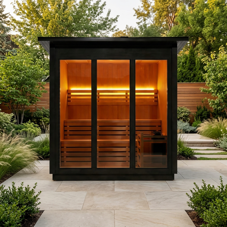 Sauna with a wider perspective in a landscaped backyard retreat