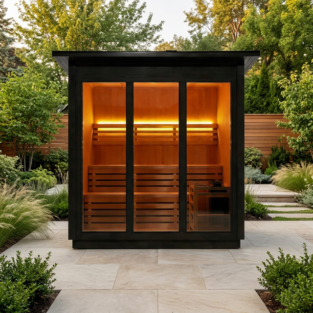 Sauna with a wider perspective in a landscaped backyard retreat