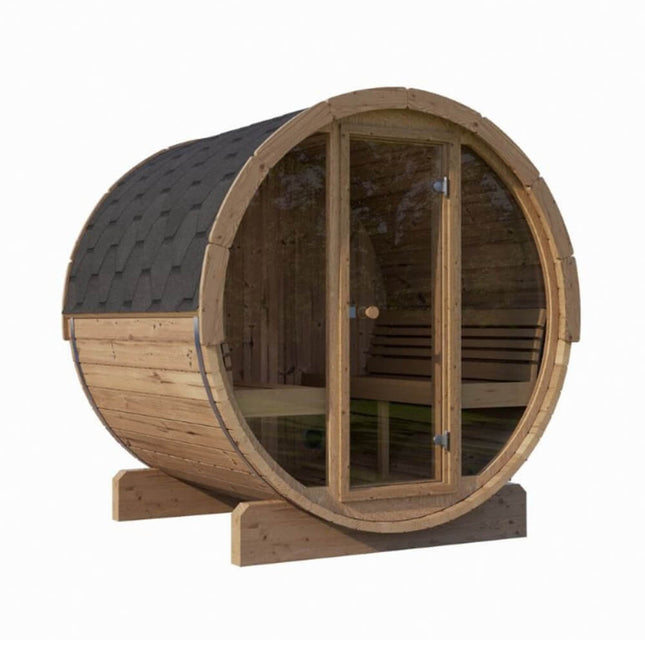 SaunaLife Model E8G Ergo Series 6 - Person Outdoor Sauna Barrel With Tempered Glass Front [SL - MODELE8G] (SAK92814) - Outdoor Saunas | Patioza