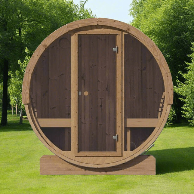 SaunaLife Model E8G Ergo Series 6 - Person Outdoor Sauna Barrel With Tempered Glass Front [SL - MODELE8G] (SAK92814) - Outdoor Saunas | Patioza
