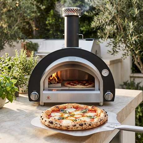 Summerset oven in use with freshly baked margherita pizza on a stone patio countertop