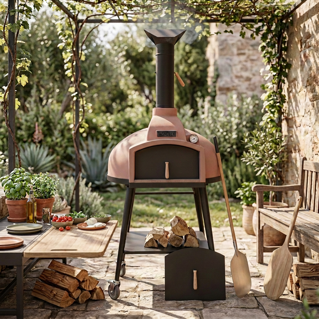 The Red Rock 100 wood-fired oven closed and not in use in a realistic outdoor patio setting