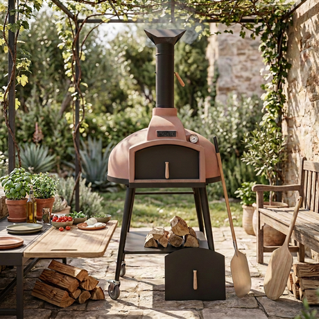The Red Rock 100 wood-fired oven closed and not in use in a realistic outdoor patio setting
