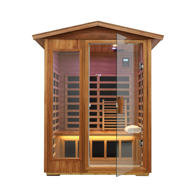 Thermora Ignis 2-Person Ultra-Low EMF Mahogany Outdoor Infrared Sauna with Bluetooth Speakers - Infrared Saunas | Patioza