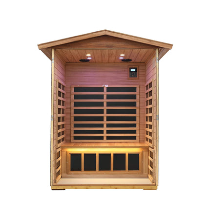 Thermora Ignis 2-Person Ultra-Low EMF Mahogany Outdoor Infrared Sauna with Bluetooth Speakers - Infrared Saunas | Patioza