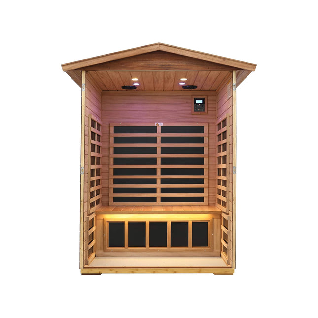 Thermora Ignis 2-Person Ultra-Low EMF Mahogany Outdoor Infrared Sauna with Bluetooth Speakers - Infrared Saunas | Patioza