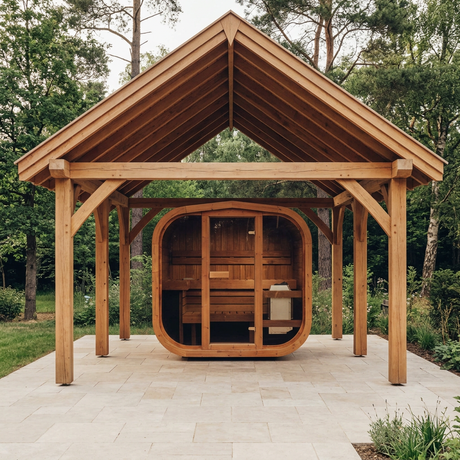 ThermoWood sauna beneath a much larger, taller timber gazebo
