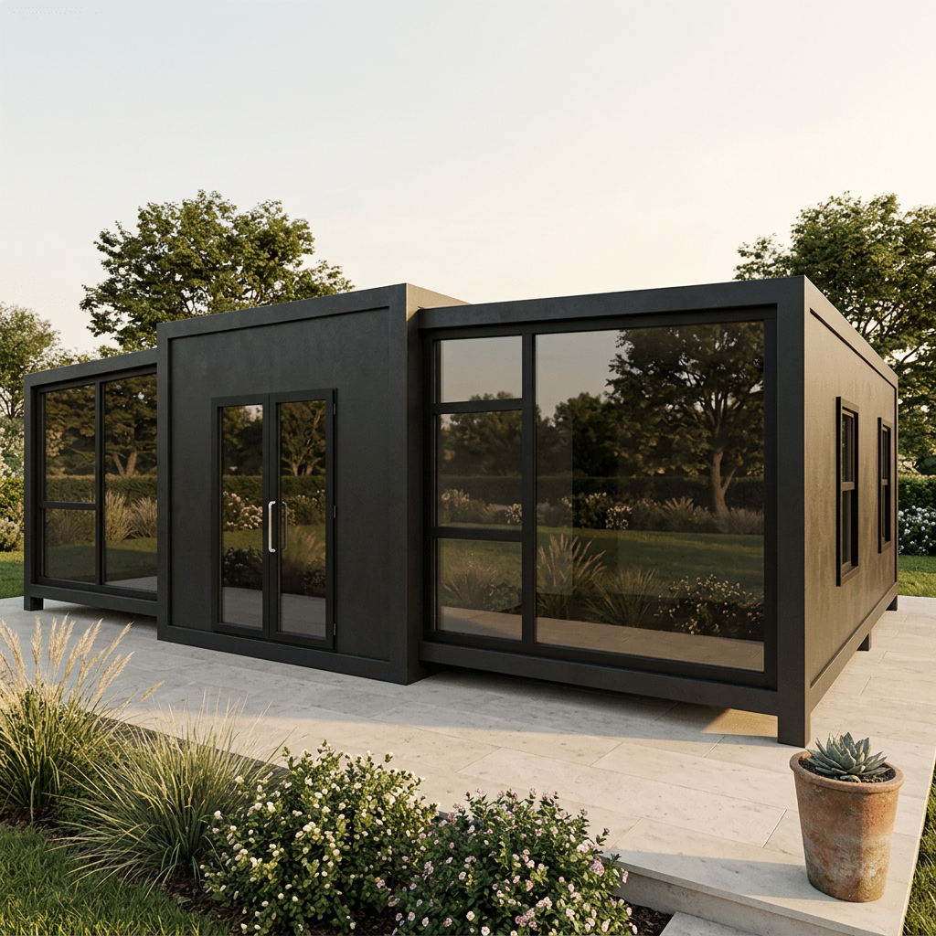 Tiny home lifestyle image in a landscaped outdoor setting