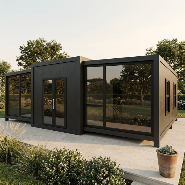 Tiny home lifestyle image in a landscaped outdoor setting