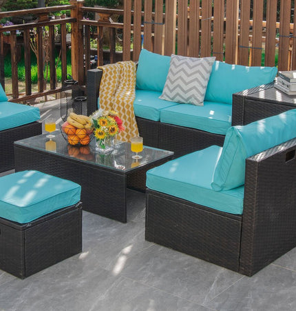 8 Pieces Patio Space - Saving Rattan Furniture Set with Storage Box and Waterproof Cover - Turquoise - Patio Furniture | Patioza