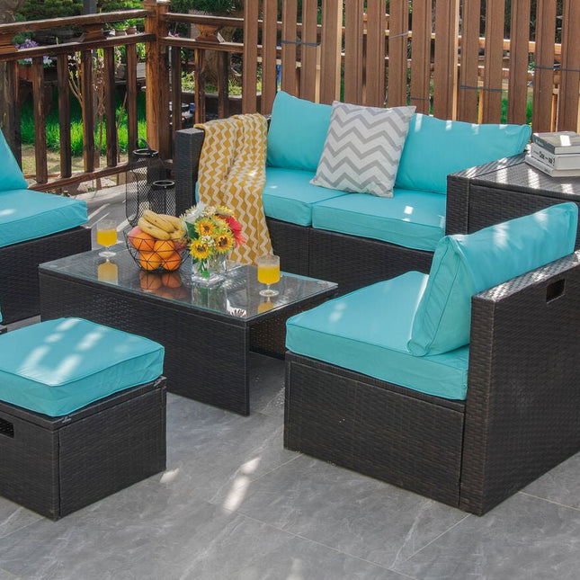 8 Pieces Patio Space - Saving Rattan Furniture Set with Storage Box and Waterproof Cover - Turquoise - Patio Furniture | Patioza