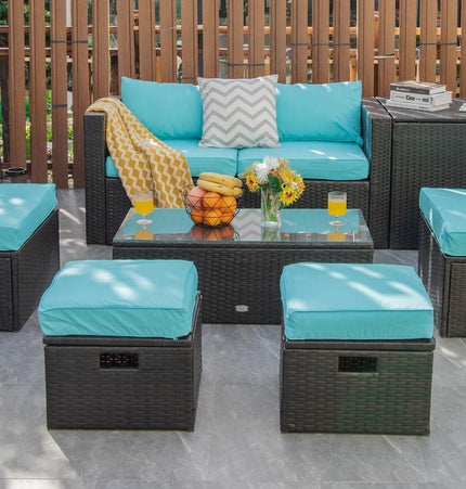 8 Pieces Patio Space - Saving Rattan Furniture Set with Storage Box and Waterproof Cover - Turquoise - Patio Furniture | Patioza
